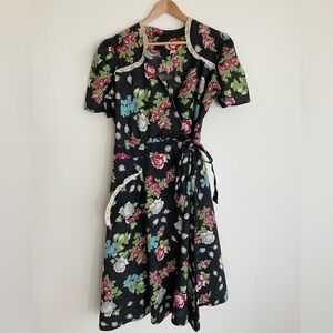 Vintage Kenrose 50s Swing Floral Black Midi Wrap Puff Sleeve Old Hollywood Dress